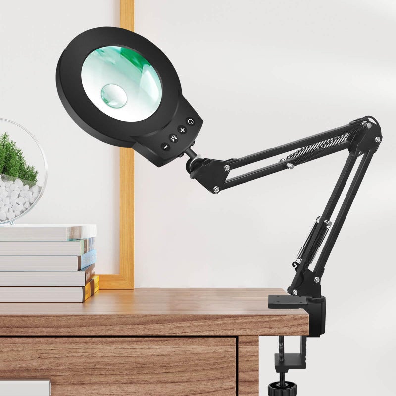 NOEVSBIG Magnifying Glass Light Clamp Desktop Lamp Stand Desk Table Close Work Up for Crafting, Model Assembly, Reading, Sewing, Jewelry Making, 10X-5X HD Magnifier 50 illumination Options for Elderly - Image 1